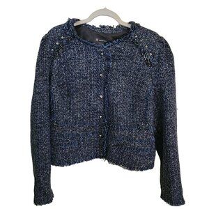 Inc International Concept Blue Tweed Fringe Silver Stud Detail Jacket Size XL